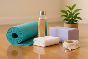 Yoga equipment with mat, block, strap, towel, and water bottle for fitness and wellness practice