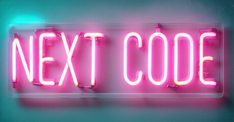 Bright pink neon sign displays NEXT CODE against teal wall. Dramatic lighting creates vibrant, modern aesthetic. Simple, bold message.