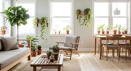 Bright and inviting living room filled with a beautiful assortment of green houseplants, enhancing the modern decor and creating a refreshing indoor garden ambiance