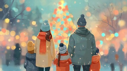 family at christmas market on snowy winter day illustrated animation - Powered by Adobe