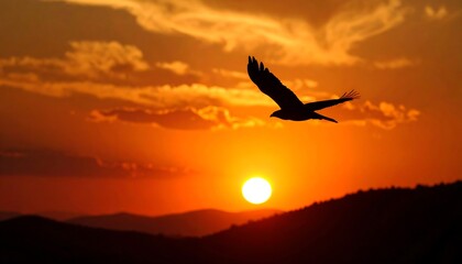 Silhouette of a bird in flight at sunset