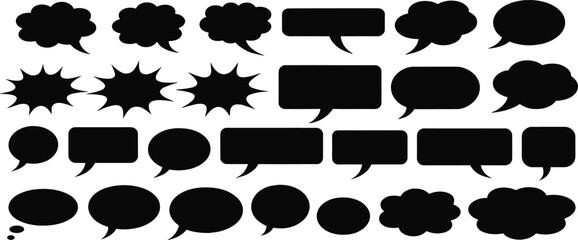 Black comic speech bubble collection, silhouette chat icons, cartoon pop art elements, blank vector text balloons, design for comics