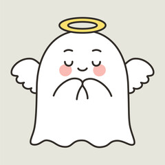 Angel Cute Halloween Ghost Cartoon Vector with Halo and Wings