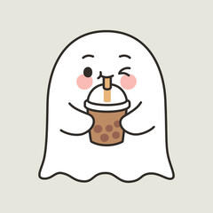 Winking Cute Halloween Ghost Cartoon Vector Drinking Bubble Tea