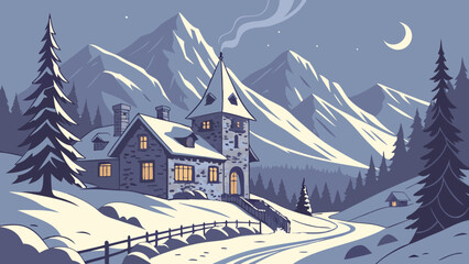 Naklejka premium Winter mountain cabin landscape illustration snowy scene with house trees and crescent moon night scene vector art holiday card Christmas New Year winter wonderland cozy home.