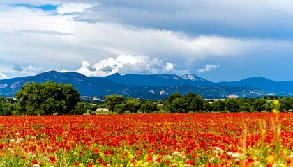 Red poppy field with mountains
