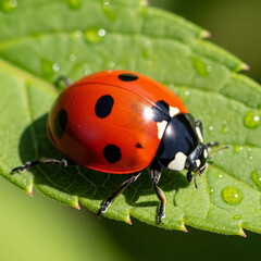 Fototapeta premium ladybug on green leaf