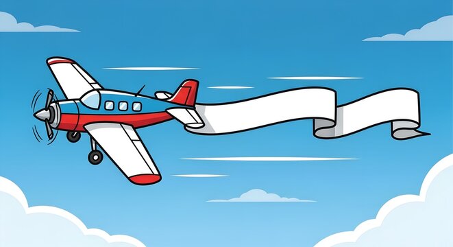 Vintage propeller airplane soaring through a cartoon sky, pulling a blank white ribbon banner for custom advertising messages