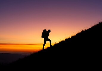 Silhouette of a Hiker Climbing a Hill at Sunrise with Dramatic Sky – Motivational and Inspirational Concept