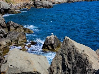 Vibrant seascape of a rocky coastline with deep blue water. A lone seagull rests on a boulder as waves crash on the shore. Perfect for summer travel and nature themes.