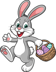 Cute Easter bunny with colorful eggs, happy cartoon rabbit holding basket, festive holiday character, spring celebration, joyful animal illustration, smiling Easter mascot design