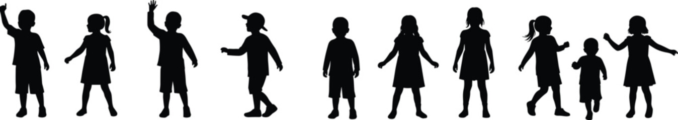 Silhouette children standing, kids waving hands, boy and girl poses, child figures vector, black shadow illustration, childhood moment, playful kids, outdoor activity, school children