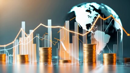Globe with financial bar charts and gold coins stacks showing global investment growth and modern economic analysis - Powered by Adobe