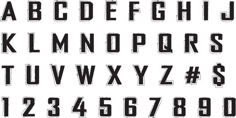 Bold Distressed Block Letter Alphabet and Number Font Set – Industrial Stencil-Style Uppercase Typeface with Grunge Texture for Military Designs, Posters, Labels, and Graphic Projects