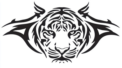 Obraz premium Intricate Black and White Tiger Face Design with Bold Lines and Abstract Elements for Art and Tattoo Use