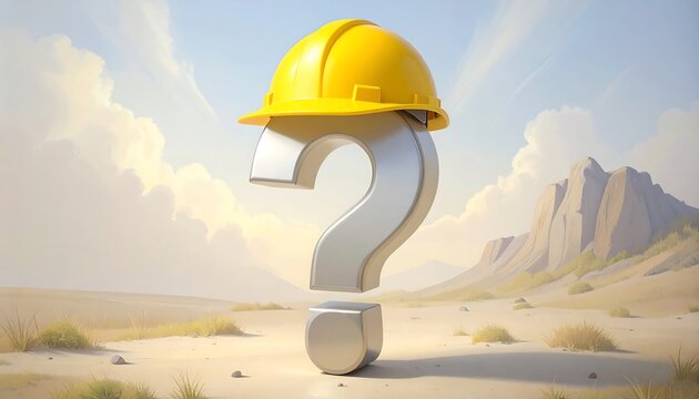Question mark in desert landscape with hard hat