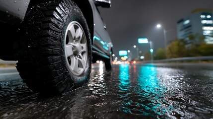 Rainy night drive on city highway