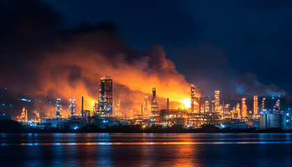 Naklejka premium Oil and gas refinery night on fire, global business, energy logistics, petrochemical industry, petrochemical industry, industrial refinery energy supply chain
