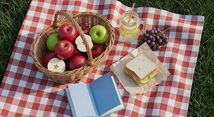 Picnic with Apples, Sandwich, and Book