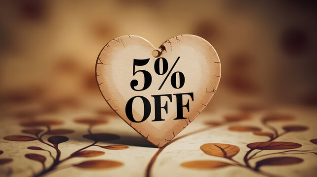 Heart shaped wooden tag with 5 percent off text and percentage symbol for sale promotion and discount offers