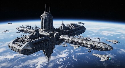 Futuristic Space Station Orbiting Earth with Fighter Escort.