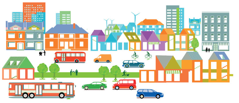 Farbige Stadt&uuml;bersicht mit Verkehr und H&auml;usern, Information illustration