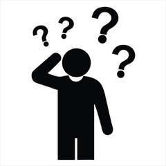Puzzled Person Icon &ndash; Silhouette Scratching Head with Question Marks Showing Hesitation or Confusion