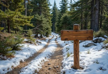 Naklejka premium Letrero de madera vacío en un sendero de montaña nevado rodeado de pinos, que simboliza el senderismo, la exploración y los destinos de viaje