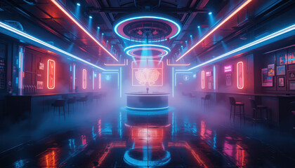 Neon light dance party urban club digital art nighttime interior futuristic atmosphere
