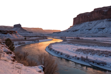 Colorado river in winter landscape at sunrise isolated on transparent background