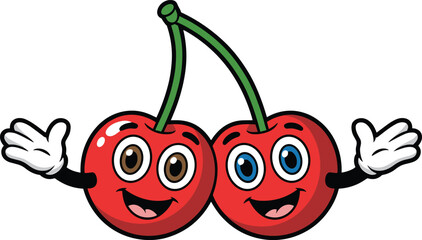 Cartoon cherries with happy faces, funny arms open, vector fruit characters illustration, isolated on white background, kid-friendly 