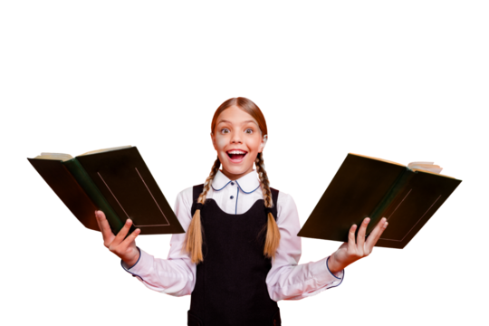 Composite photo collage of happy schoolgirl hold textbook literature subject education study library isolated on painted background
