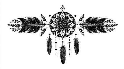 Intricate Black and White Feather Decorative Element with Floral Motifs for Creative Design Projects