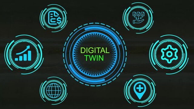 Digital Futuristic digital with central text surrounded by circular HUD elements and red icons for idea gears brain growth chart and lock .