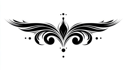 Elegant Black and White Ornamental Design Featuring Stylized Wings and Flourishes in a Decorative Style