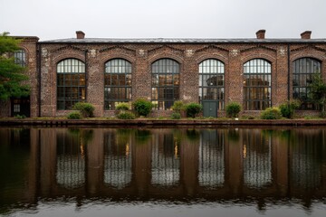 Historic Brick Building with Arched Windows Reflected in Water Canal