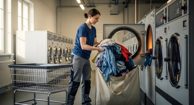 Woman loading clothes into industrial washing machine in a commercial laundry facility, professional laundry service - Powered by Adobe