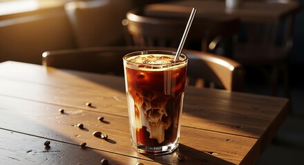 Refreshing Iced Coffee with Straw on Wooden Table in Cafe.