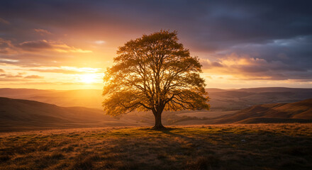 Majestic solitary tree bathed in golden sunset light atop rolling hills, evoking peace