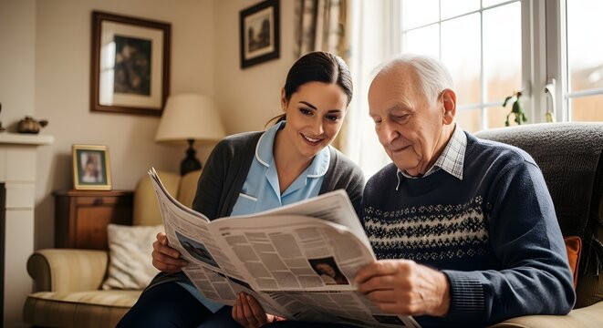 Smiling caregiver and senior man reading newspaper together in a cozy home living room, showcasing elderly assistance and companionship.