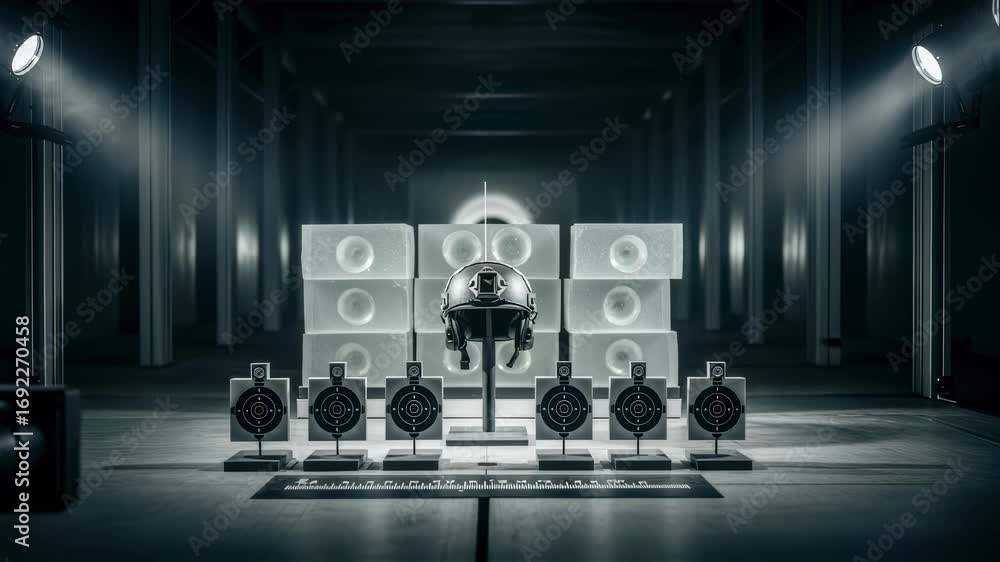 Poster advanced ballistictesting tunnel setup showing calibration targets and ballistic gel backups used to