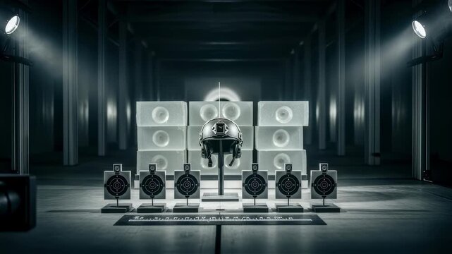 Advanced ballistictesting tunnel setup showing calibration targets and ballistic gel backups used to benchmark helmet performance.