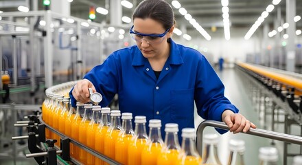 Quality control in beverage factory: worker inspects juice bottles on automated production line