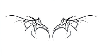 Stylish and Elegant Dragon Wing Tattoo Design with Intricate Black Lines on White Background