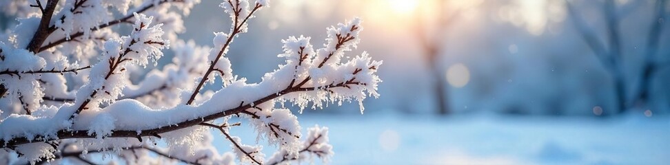 Frozen branches coated in a thick layer of snow, glistening in the cold winter sunlight A tranquil scene of winter's icy grip on nature's beauty , glistening, texture, frosty