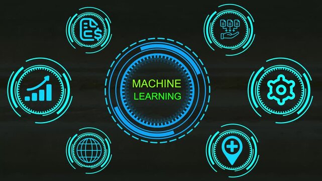 Machine Futuristic digital .with central text surrounded by circular HUD elements and red icons for idea gears brain growth chart and lock .