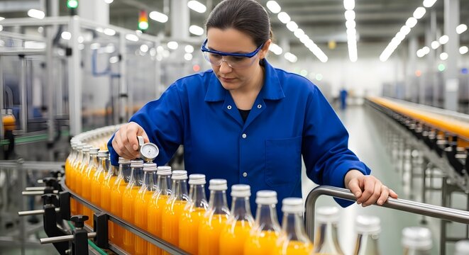 Quality control in beverage factory: worker inspects juice bottles on automated production line