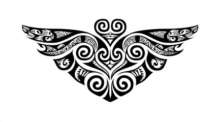 Intricate Black and White Tribal Wing Design with Spirals and Curved Patterns for Artistic Use