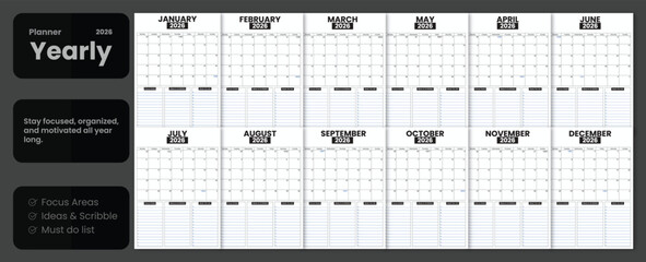 yearly,calendar,black modern flat vector illustration for annual overview design vector graphic for event planning