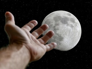 Reaching for the moon. A hand outstretched towards a large, detailed moon against a night sky filled with stars